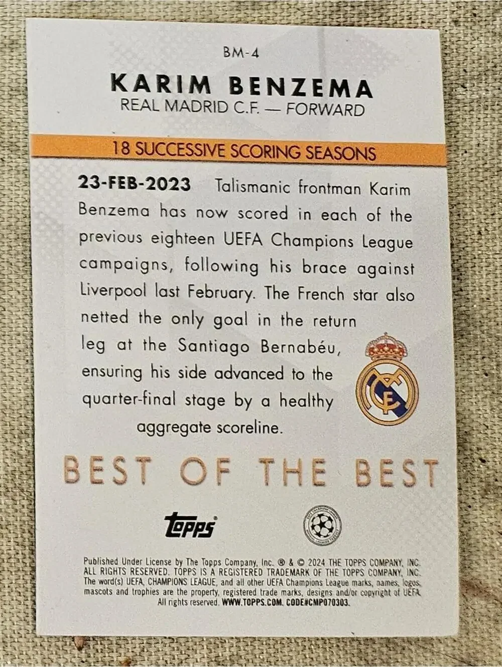 KARIM BENZEMA BM-4 2023-24 Topps UEFA Club Competitions BEST of BEST REAL MADRID